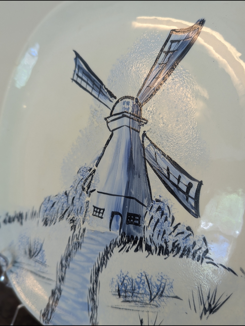 Hand-Painted Blue & White Windmill Square Salad Plate • Signed Studio Pottery